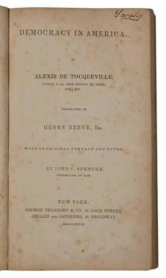 Appraisal: TOCQUEVILLE Alexis de Democracy in America New York George Dearborn