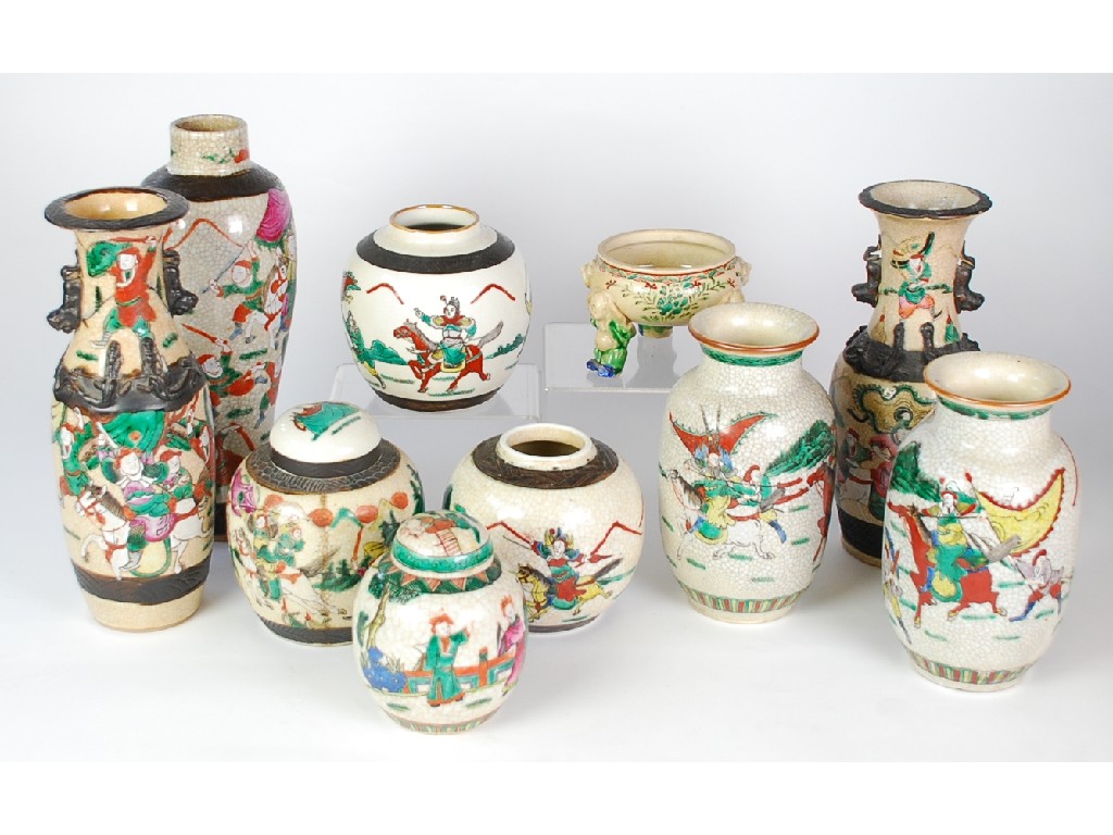 Appraisal: TEN PIECES OF CHINESE CRACKLE GLAZED POTTERY nine enamelled with