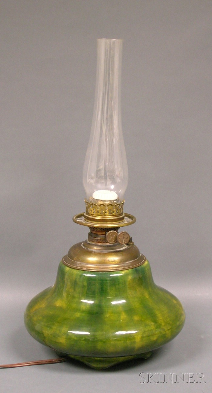 Appraisal: Volkmar Pottery Glazed Table Lamp Base c green pottery base