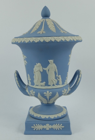 Appraisal: Wedgwood light blue jasper ware two handled vase cover height