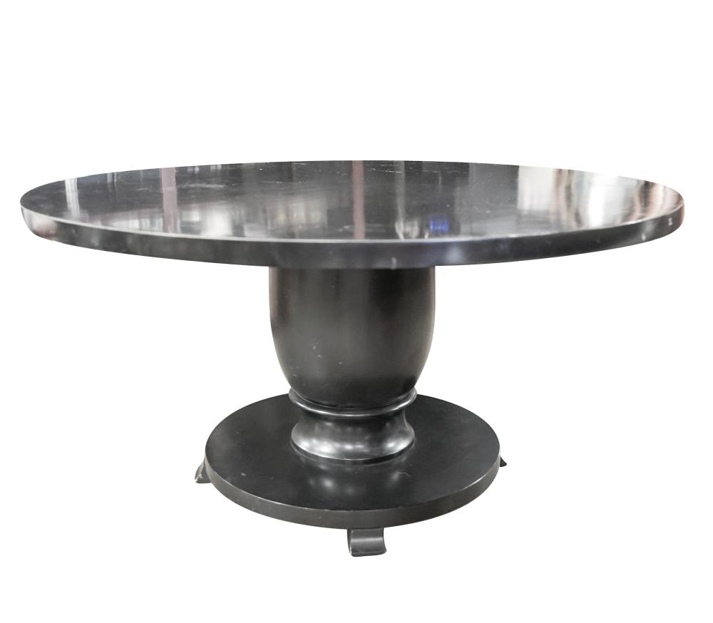 Appraisal: CONTEMPORARY BLACK-PAINTED WOOD DINING TABLEunsigned the round top on a