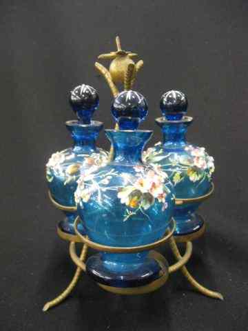 Appraisal: Victorian Enameled Art Glass Perfume Set rich florals on blue