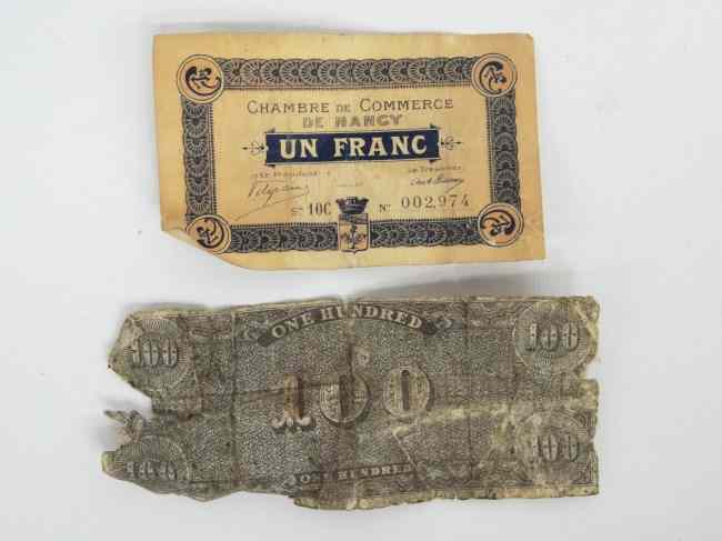 Appraisal: Lot including Confederate note and French frank