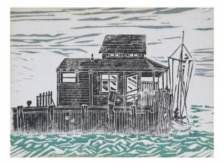 Appraisal: Woodcut Print of a House and Boat Woodcut print depicting