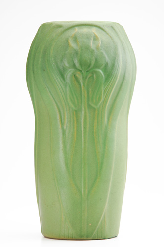 Appraisal: VAN BRIGGLE Tall early bulbous vase embossed with irises under