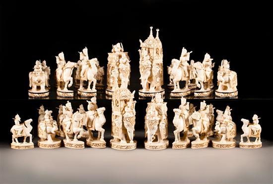 Appraisal: Indian carved ivory -piece figural chess set elaborately carved in