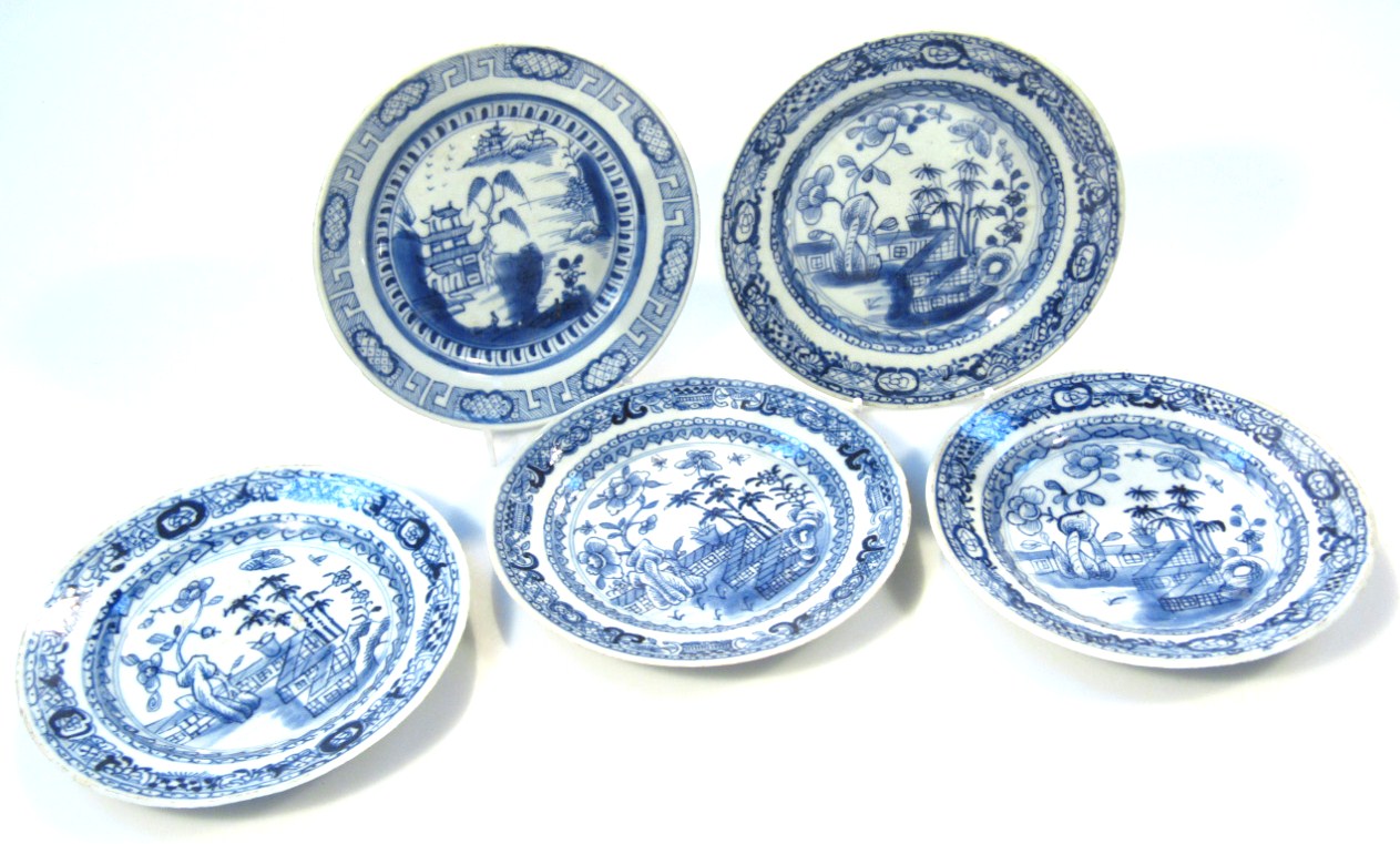 Appraisal: Five various Chinese blue and white export saucers each centred