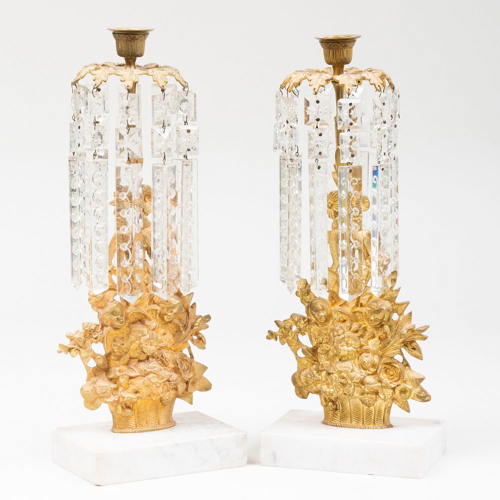 Appraisal: Pair of American Gilt-Metal Glass Luster Candlesticks on Marble Bases