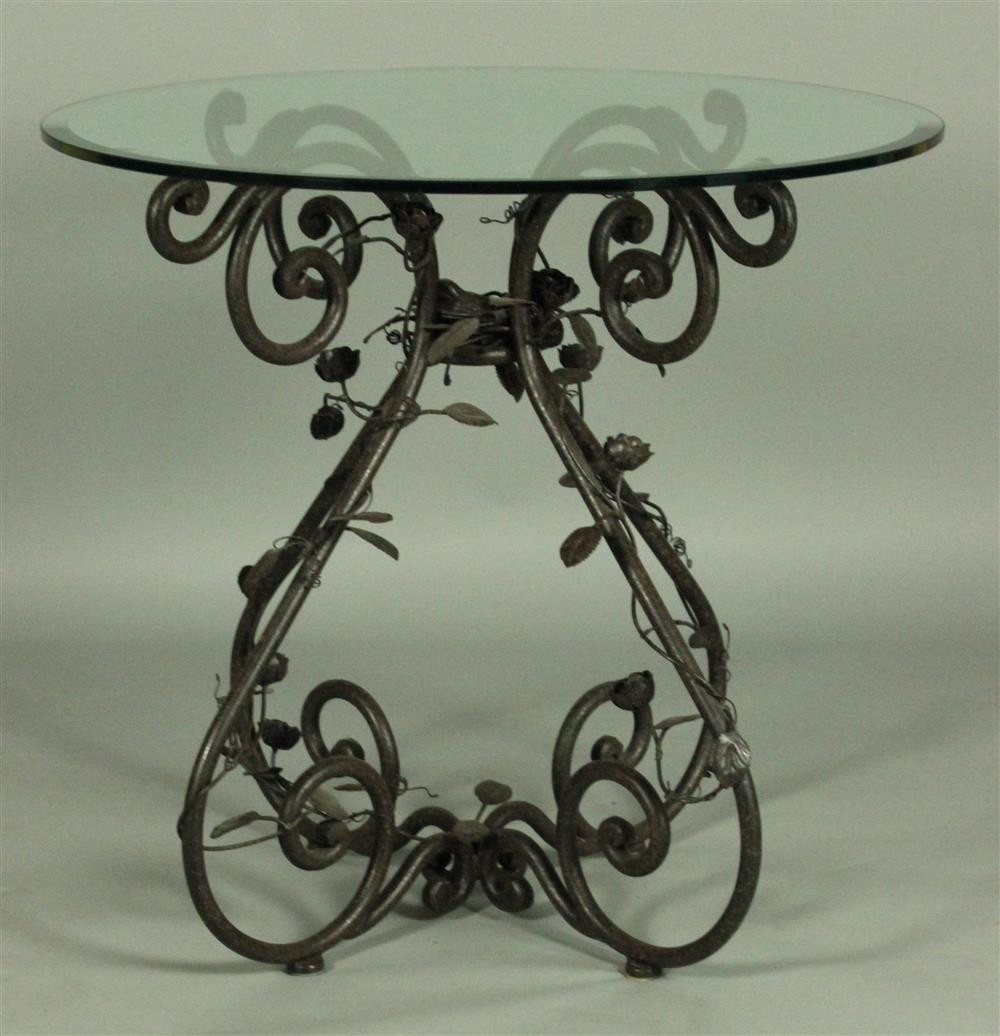 Appraisal: MODERN HAND WROUGHT IRON TABLE WITH GLASS TOP crafted by