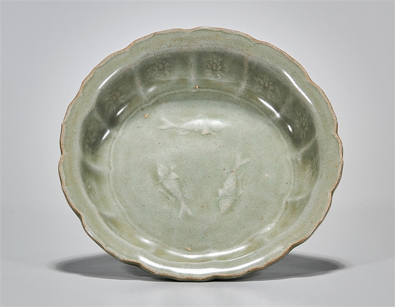 Appraisal: Korean celadon glazed dish with fish motif D approx