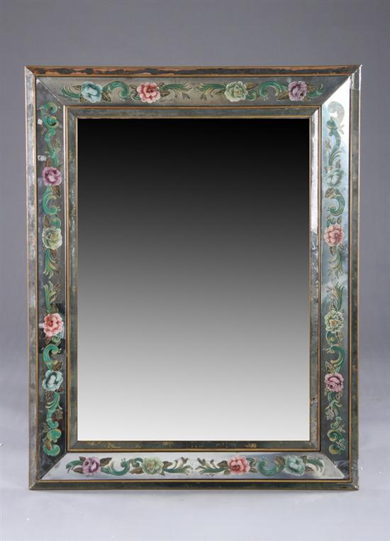 Appraisal: CONTEMPORARY REVERSE-PAINTED MIRROR late th century With handpainted floral enrichment