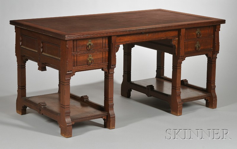 Appraisal: Victorian Eastlake-type Carved Walnut Flat-top Double-pedestal Desk with inset writing