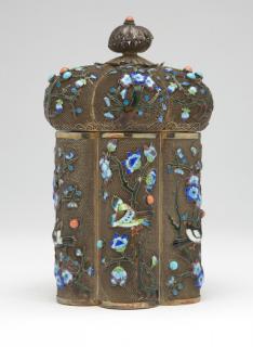 Appraisal: Chinese export silver filigree enamel canister Mid- th century stamped