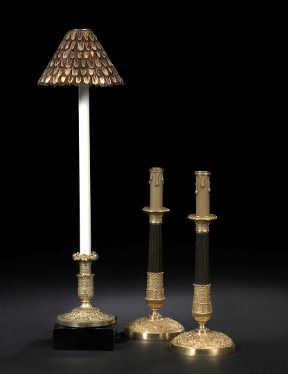 Appraisal: Tall Pair of French Gilt- and Patinated-Brass Columnar Candlesticks in