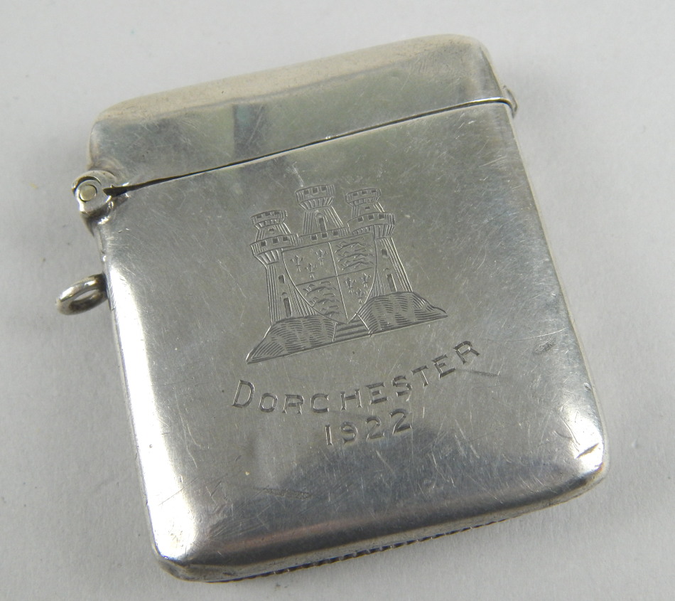 Appraisal: A silver vesta case engraved to the front with the