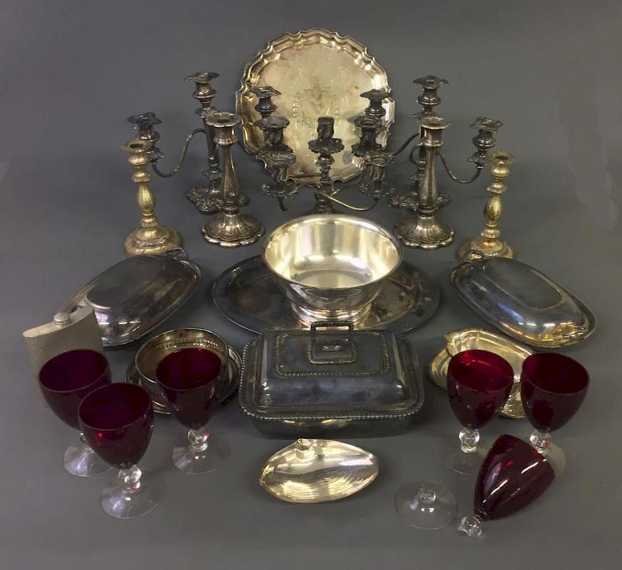 Appraisal: Silver Plate Candelabra Silver-plate candelabra vegetable dishes tray etc together