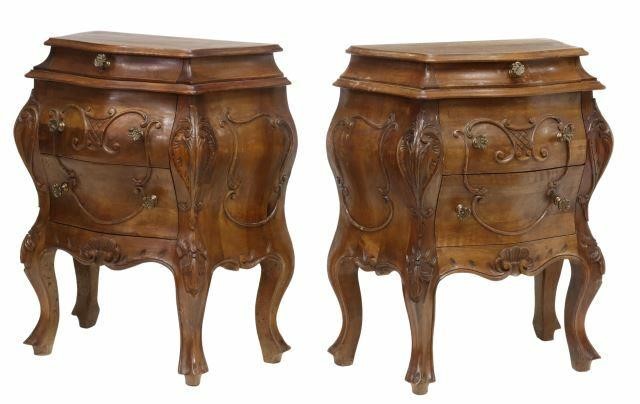 Appraisal: pair Venetian bombe bedside cabinets th c walnut case carved