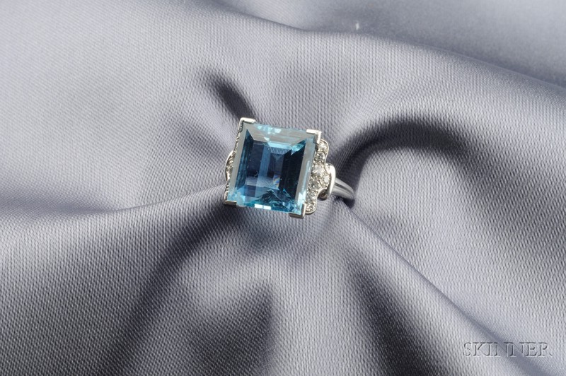 Appraisal: Platinum Aquamarine and Diamond Ring set with fancy-cut aquamarine measuring