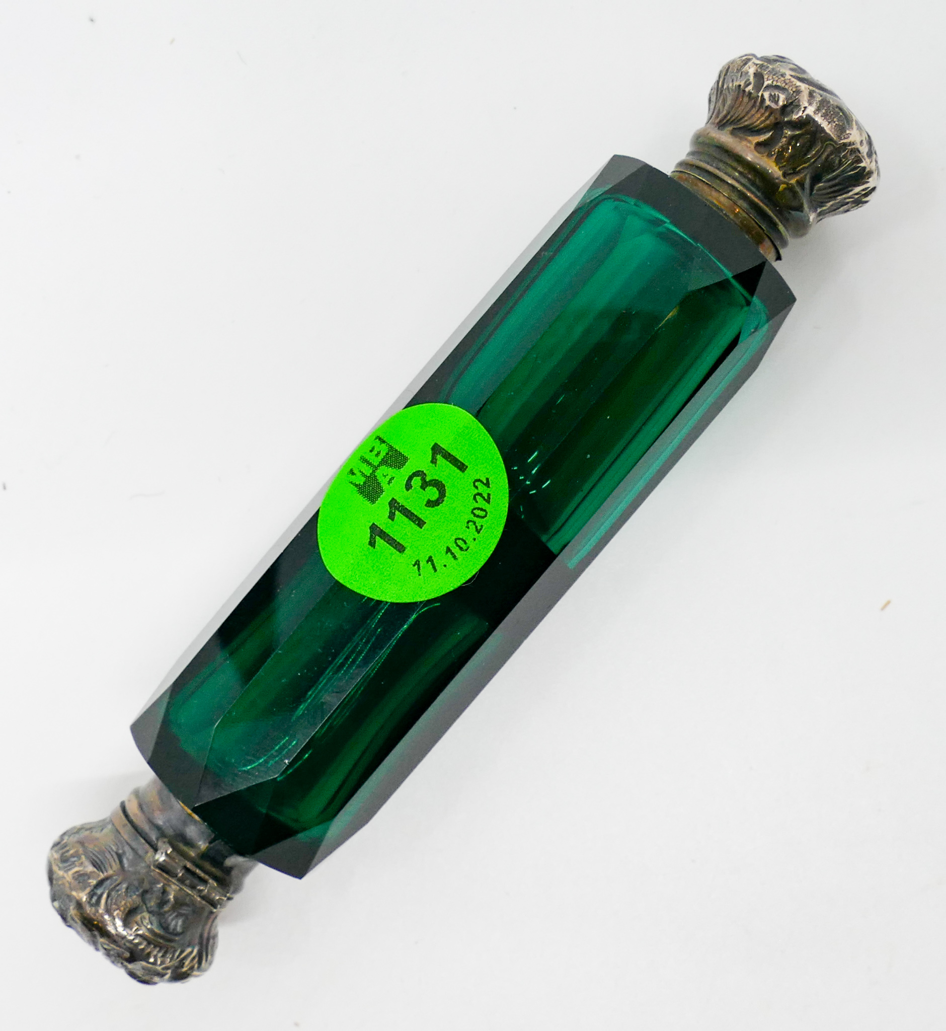 Appraisal: Antique Green Faceted Glass Double Scene Bottle '' - Repousse