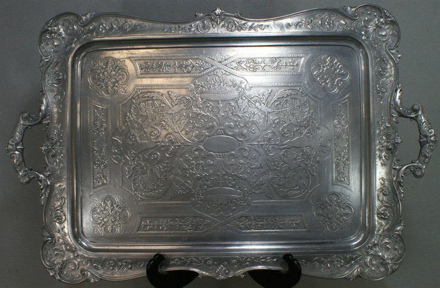 Appraisal: Aluminum rococo style serving tray foliate and c-scroll elements including