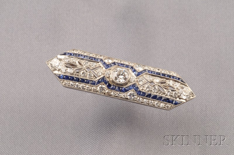 Appraisal: Art Deco Platinum Sapphire and Diamond Brooch bezel-set with an