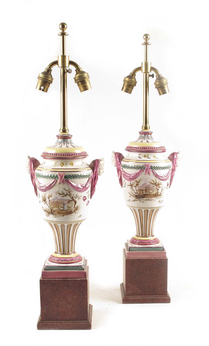 Appraisal: A pair of tin glazed pottery table lamps