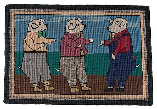 Appraisal: THREE LITTLE PIGS HOOKED RUG American early th century x