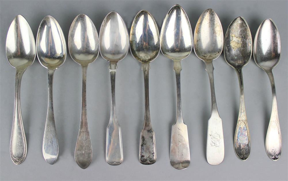 Appraisal: NINE SILVER SPOONS INCLUDING COIN including one marked N Harding