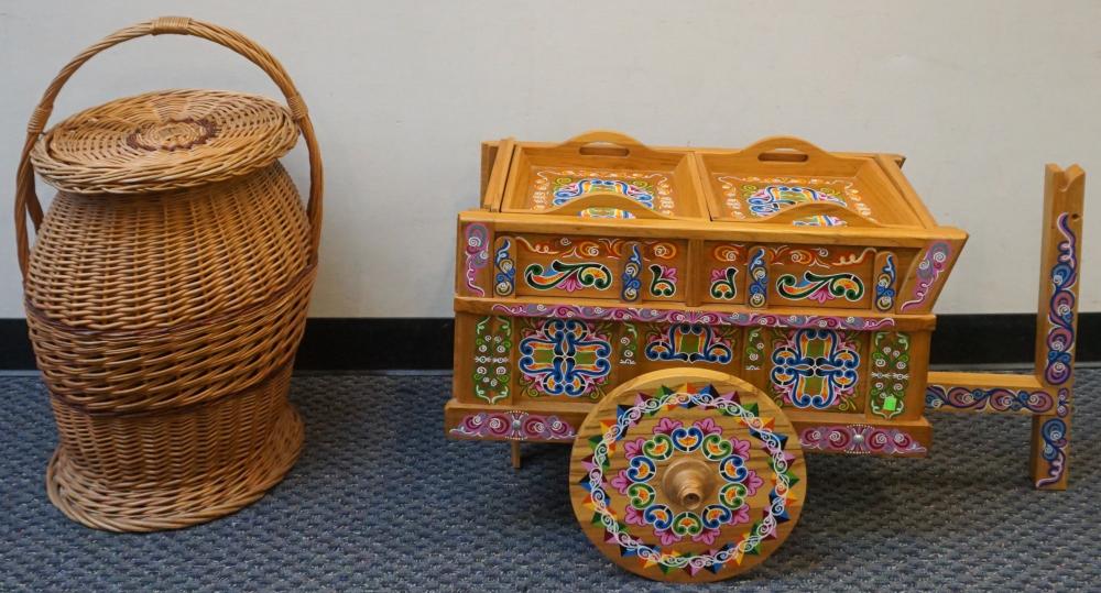 Appraisal: Costa Rican Painted Wood Rolling Cart and a Wicker Basket