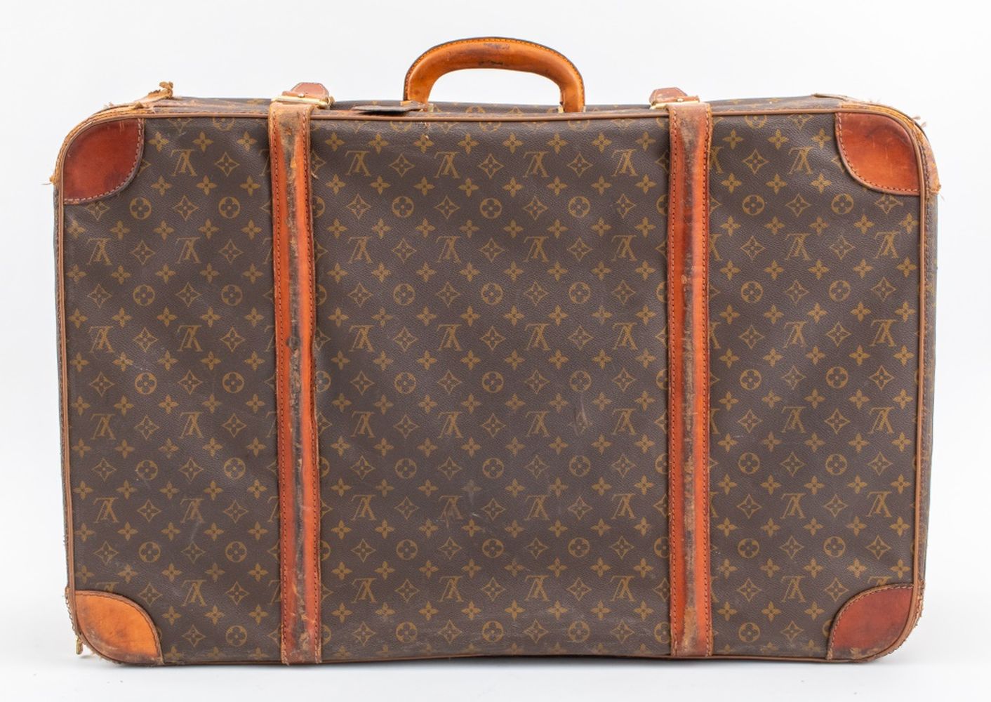 Appraisal: LOUIS VUITTON LEATHER STRAP SOFT-SIDE LUGGAGE CASE Vintage Louis Vuitton