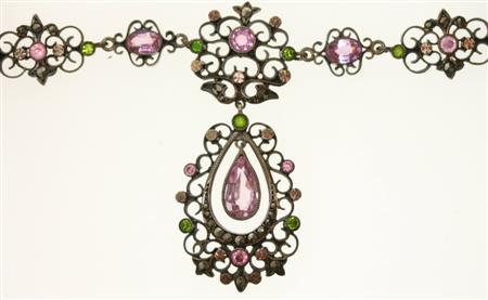 Appraisal: A French silver and gem set necklace the central cluster