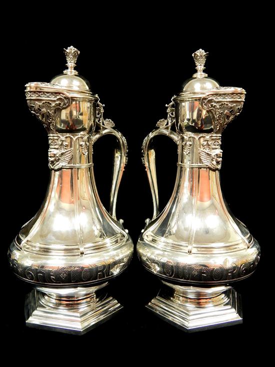 Appraisal: SILVER pair Tiffany Co sterling silver flagons c - mark