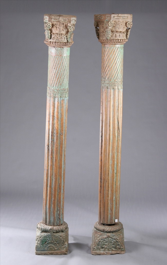 Appraisal: PAIR INDIAN POLYCHROME WOOD COLUMNS th century - ' Chips