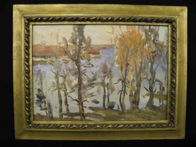 Appraisal: Vasily Kamolov Russian Oil Landscape with Trees Along the Water