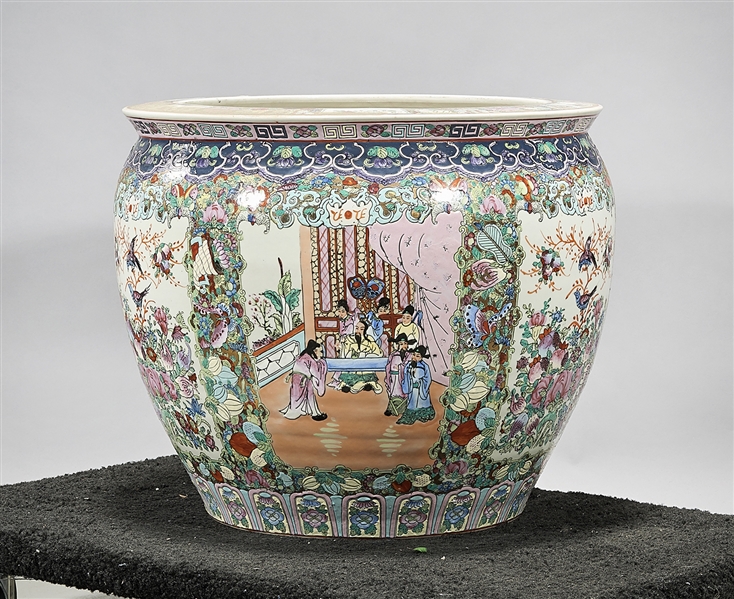 Appraisal: Chinese enameled porcelain fish bowl court scene flowers and butterflies