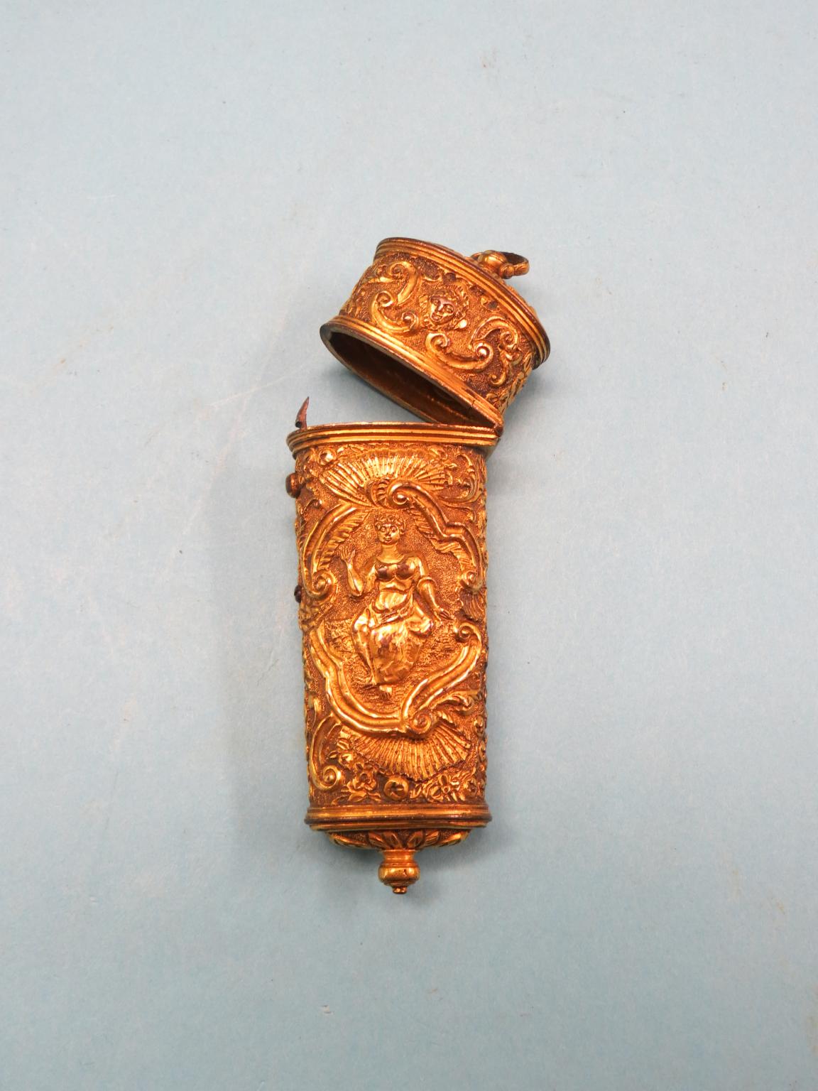 Appraisal: A Georgian gilt-metal etui case embossed with figures and scrolls