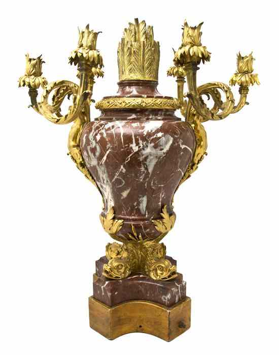 Appraisal: A Continental Gilt Bronze and Rouge Marble Six-Light Candelabrum the