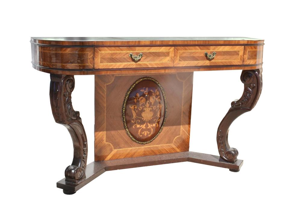 Appraisal: NEOCLASSICAL STYLE VARIOUS WOODS INLAID CONSOLEThe rectangular top with rounded