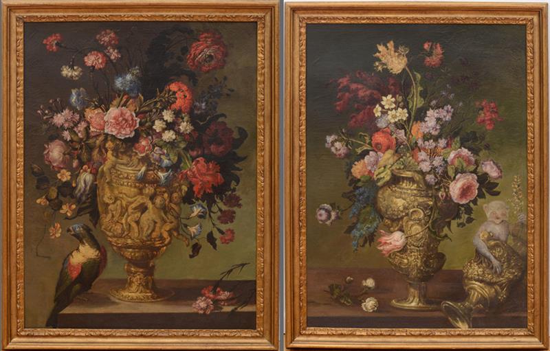 Appraisal: FLEMISH SCHOOL STILL LIFE WITH FLOWER-FILLED URNS A PAIR Oil