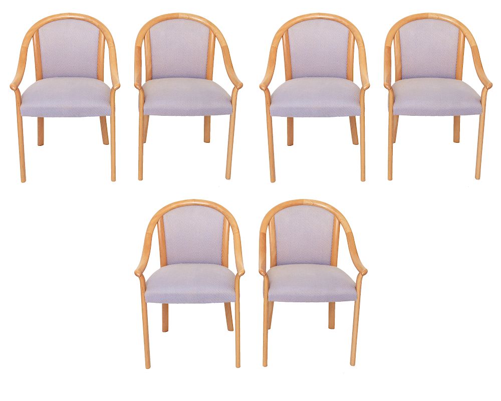 Appraisal: Modern Blonde Maple Lavender Seats Arm Chairs Set of six