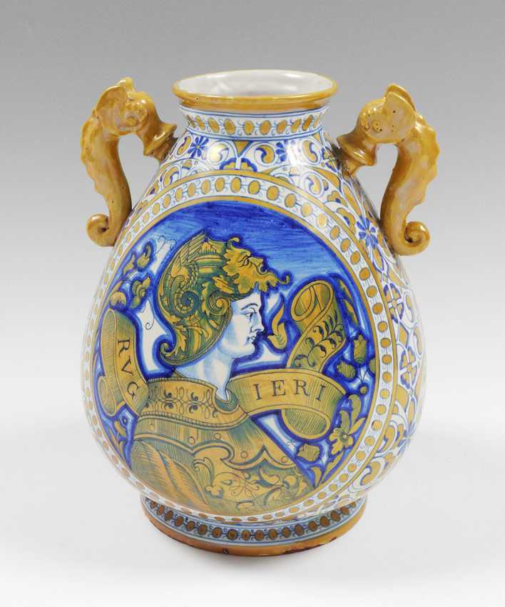 Appraisal: CANTAGALLI SEAHORSE HANDLED ITALIAN MAJOLICA VASE Portrait of a Roman