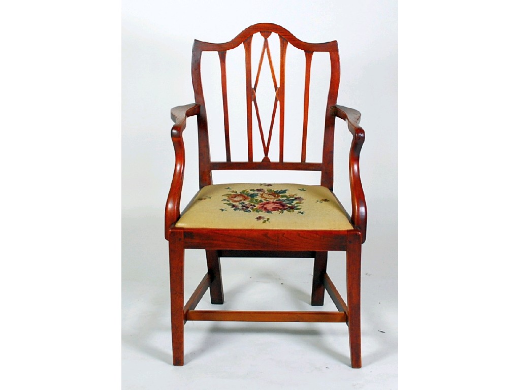 Appraisal: ANTIQUE ELM OPEN ARMCHAIR the arched top rail above a