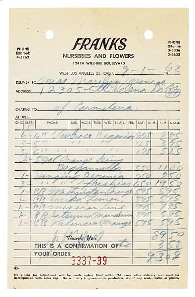 Appraisal: A Marilyn Monroe receipt for plants A beige carbon copy