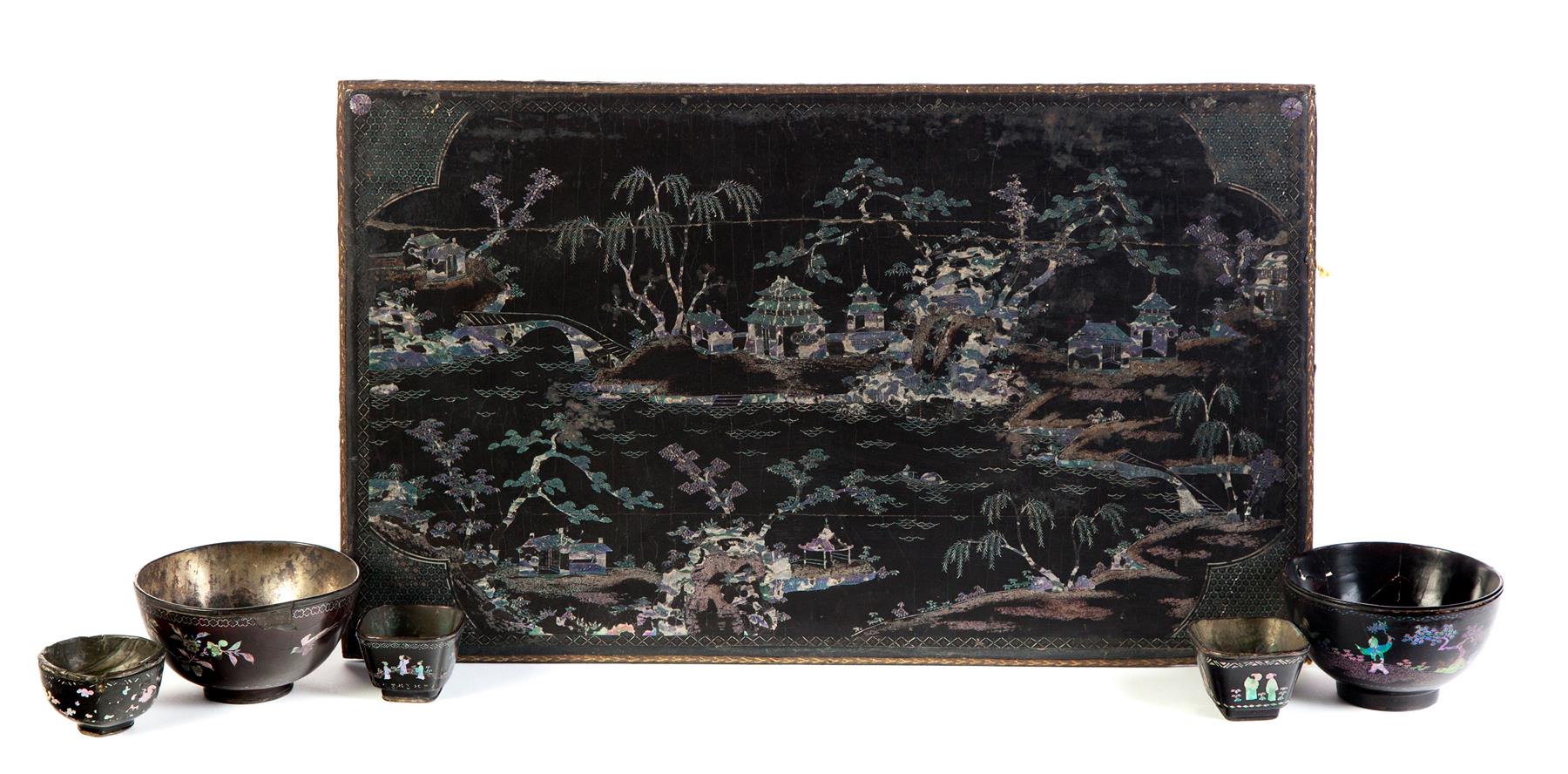 Appraisal: SIX PIECES OF CHINESE LAC BURGAUTE Nineteenth-early th century Black