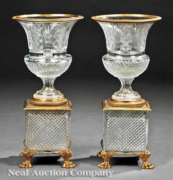 Appraisal: A Pair of Bronze Dor and Crystal Urns flared lip