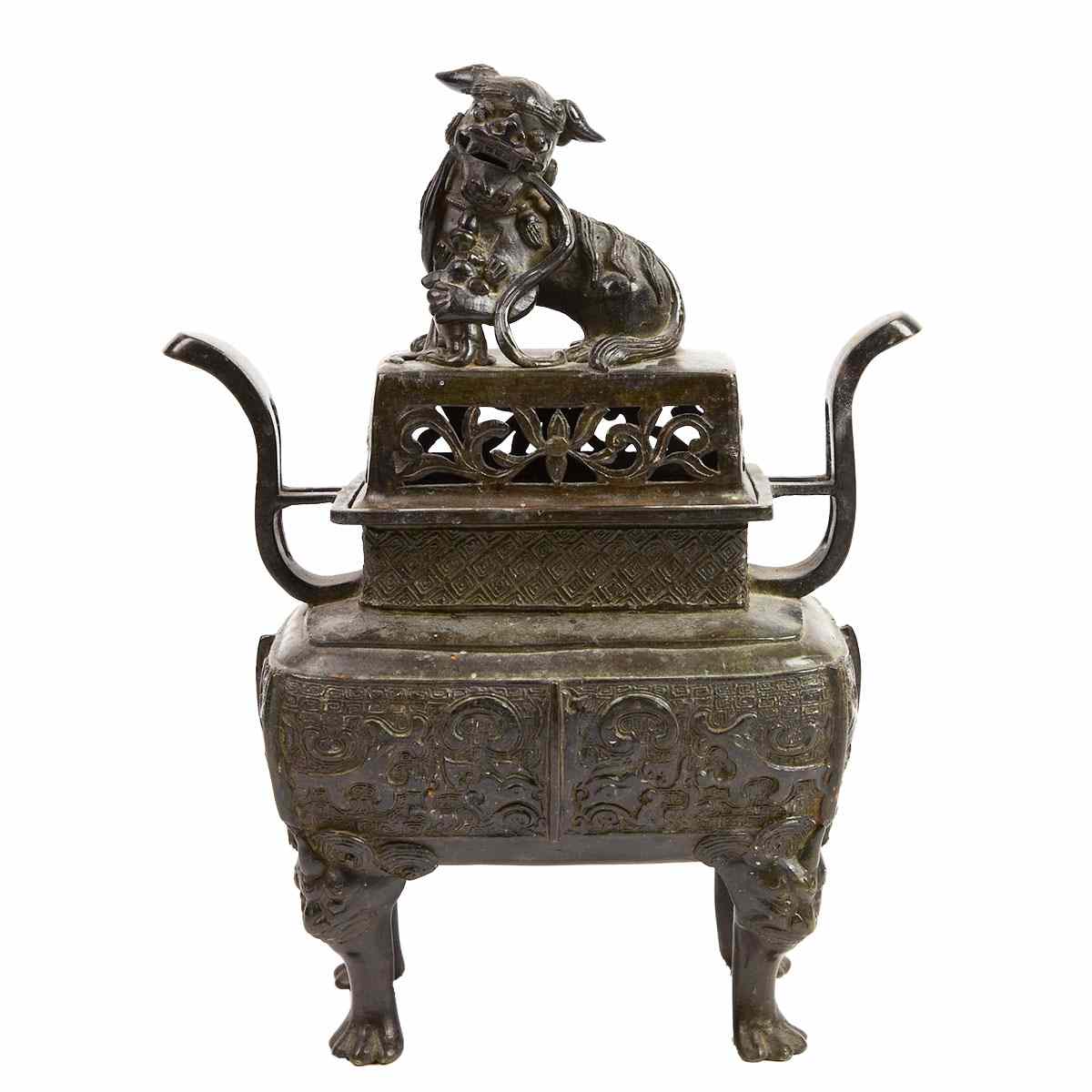 Appraisal: Bronze Censer and Cover th th Century Heavily cast the