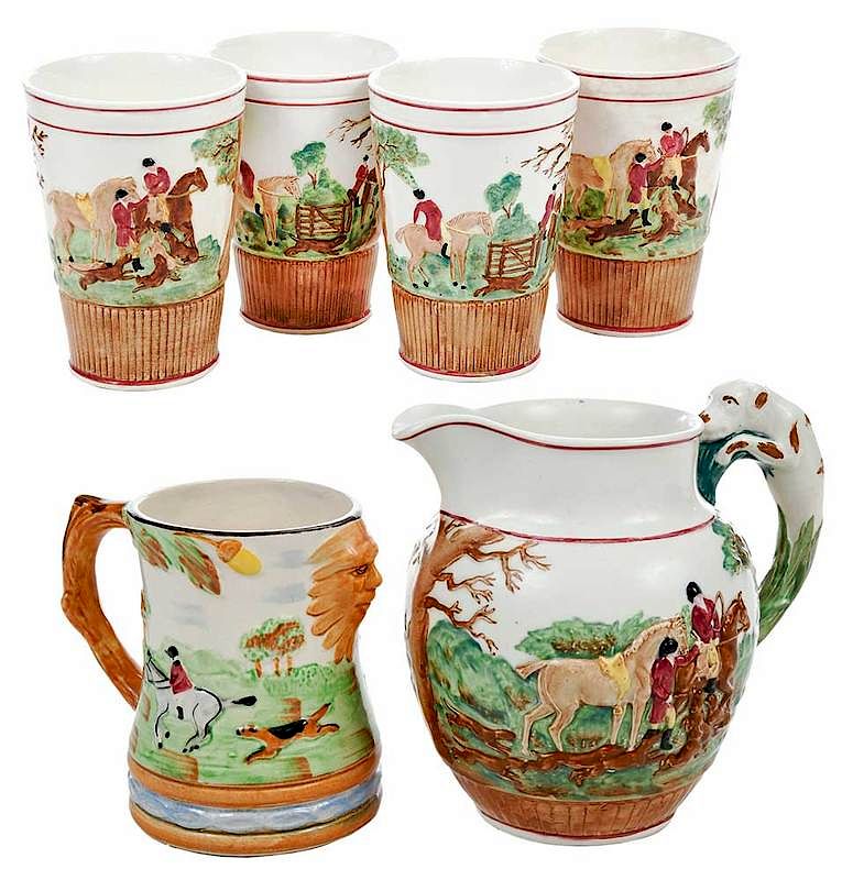 Appraisal: Pitcher and Cups Decorated with Hunting Scenes British th th