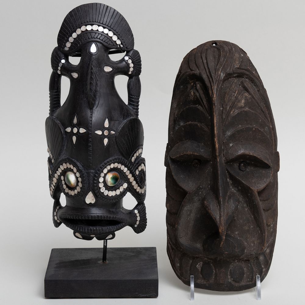 Appraisal: Papua New Guinea Carved Hardwood Inlaid Shell and Glass Mask