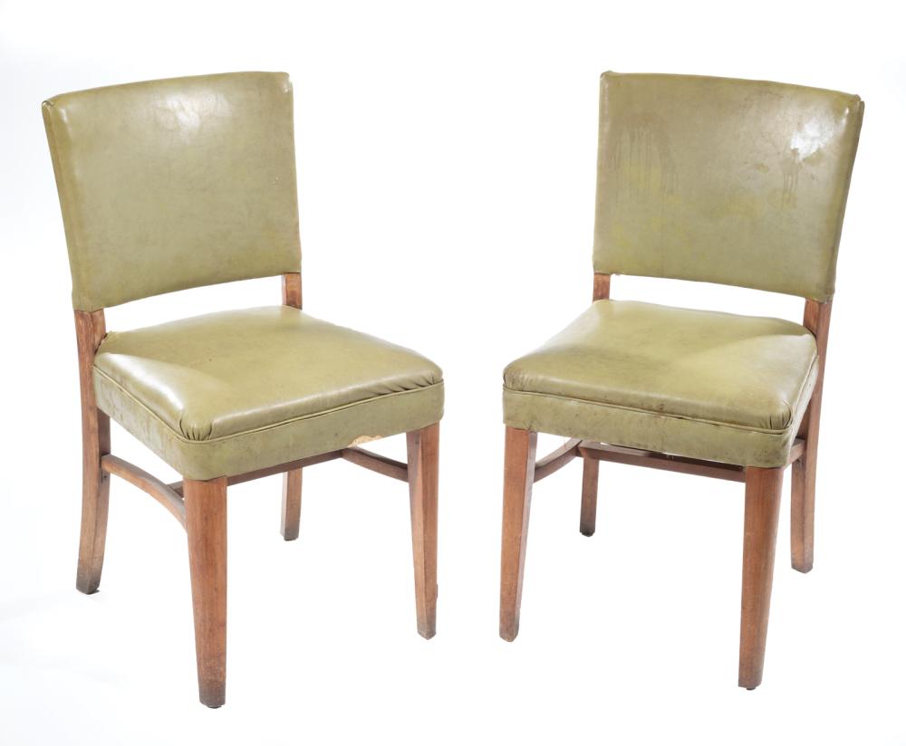 Appraisal: Pair of Green Leather and Walnut Side Chairs th c