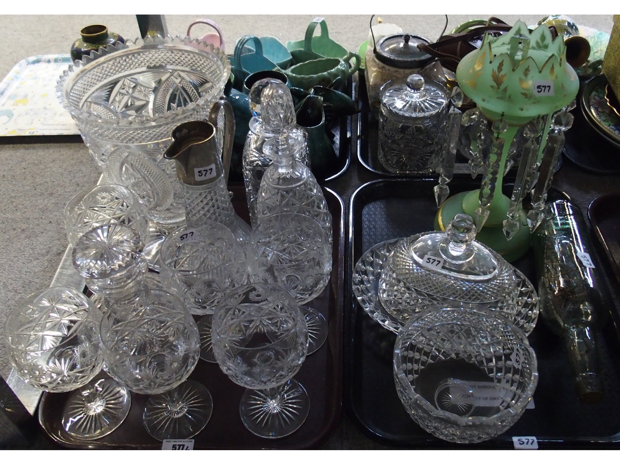 Appraisal: Two trays comprising various glasswares including wine glasses large vase